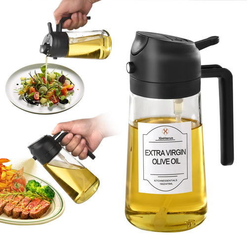 XinHerun Olive Oil Sprayer for Cooking 16oz Glass Olive Oil Spray Bottle 2 in 1 Oil Dispenser and Oil Sprayer Oil Spritzer for Cooking Olive Oil with Sticker (Transparent Black)